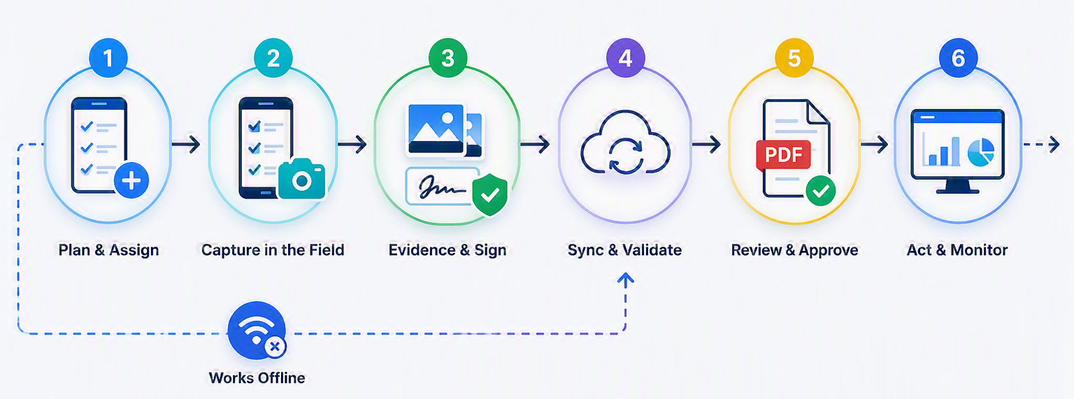 Offline field inspection app workflow for capture, sync, approval, and reporting