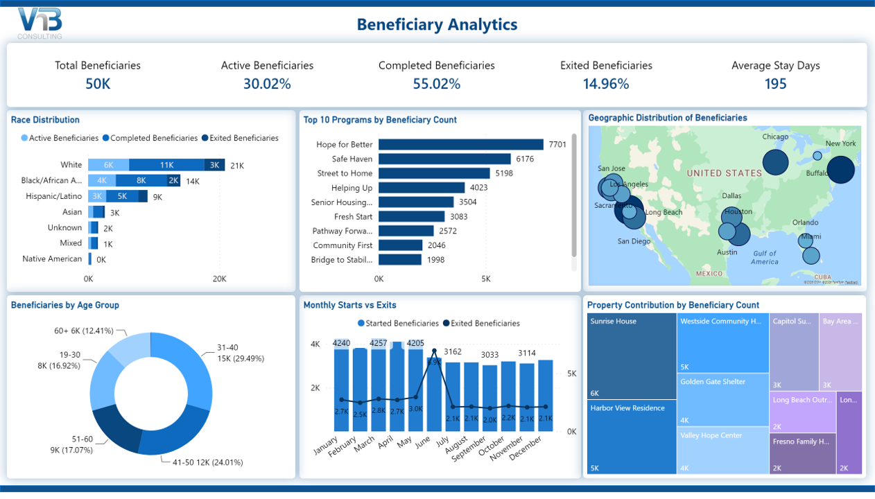 Power BI for Non Profit dashboard showing beneficiary analytics with total beneficiaries, active and completed beneficiaries, age group distribution, monthly starts and exits, and geographic distribution