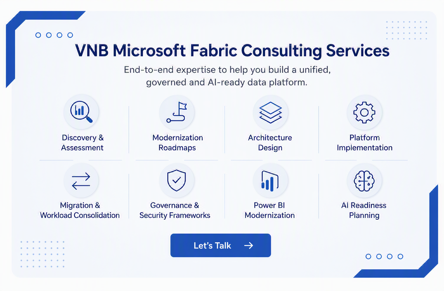Consulting services for discovery, architecture, migration, governance, Power BI modernization, and AI readiness